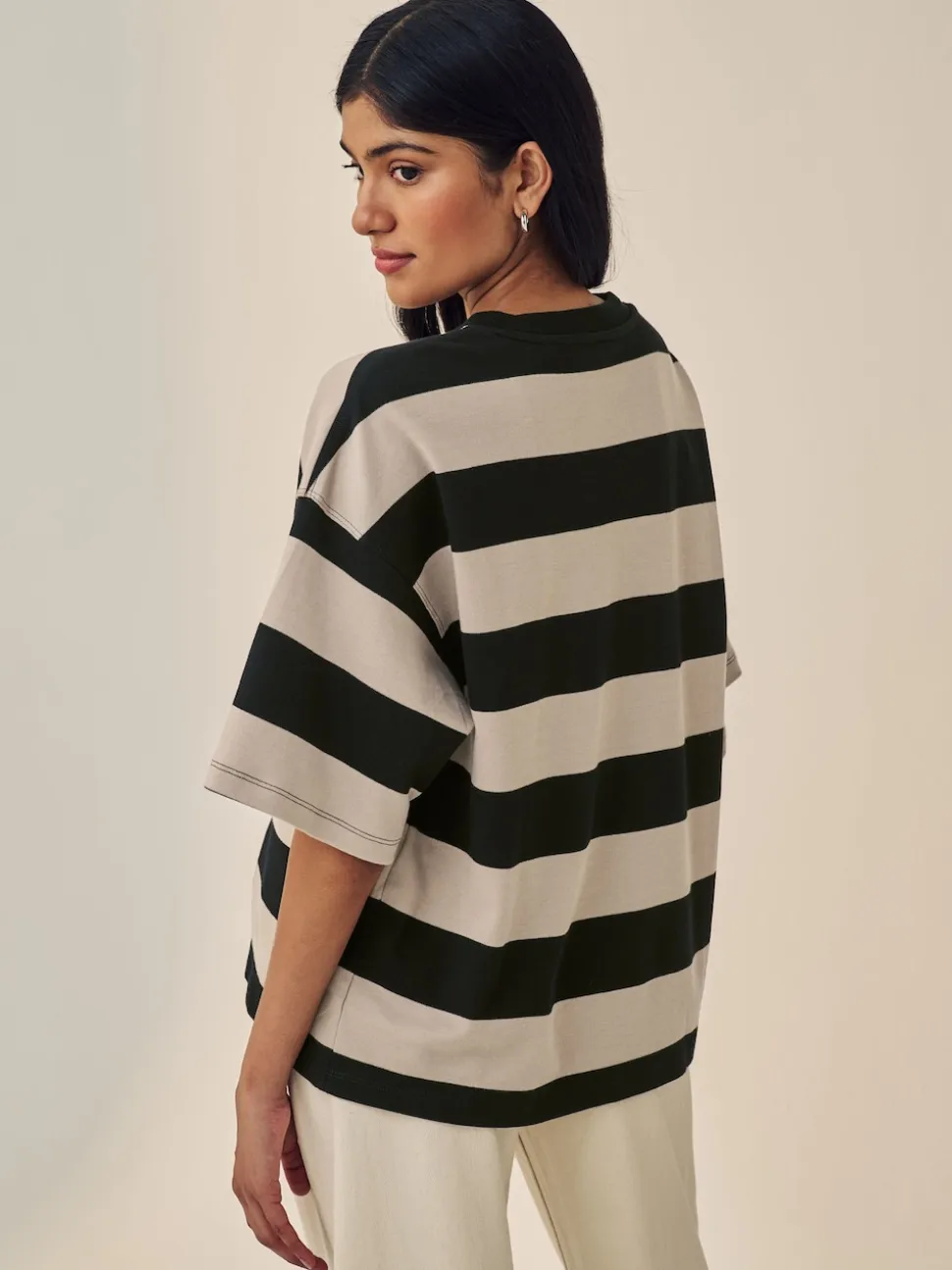 Stone Neutral Stripe Oversized Relaxed Fit Boxy Heavyweight Crew Neck T-Shirt