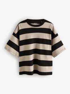 Stone Neutral Stripe Oversized Relaxed Fit Boxy Heavyweight Crew Neck T-Shirt