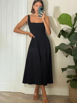 Style Cheat Black Square Neck Fit and Flare Midi Dress