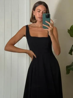 Style Cheat Black Square Neck Fit and Flare Midi Dress