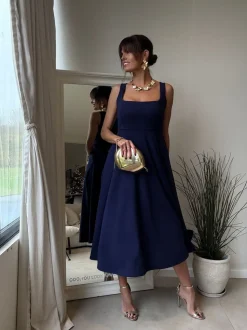 Style Cheat Blue Square Neck Fit and Flare Dress