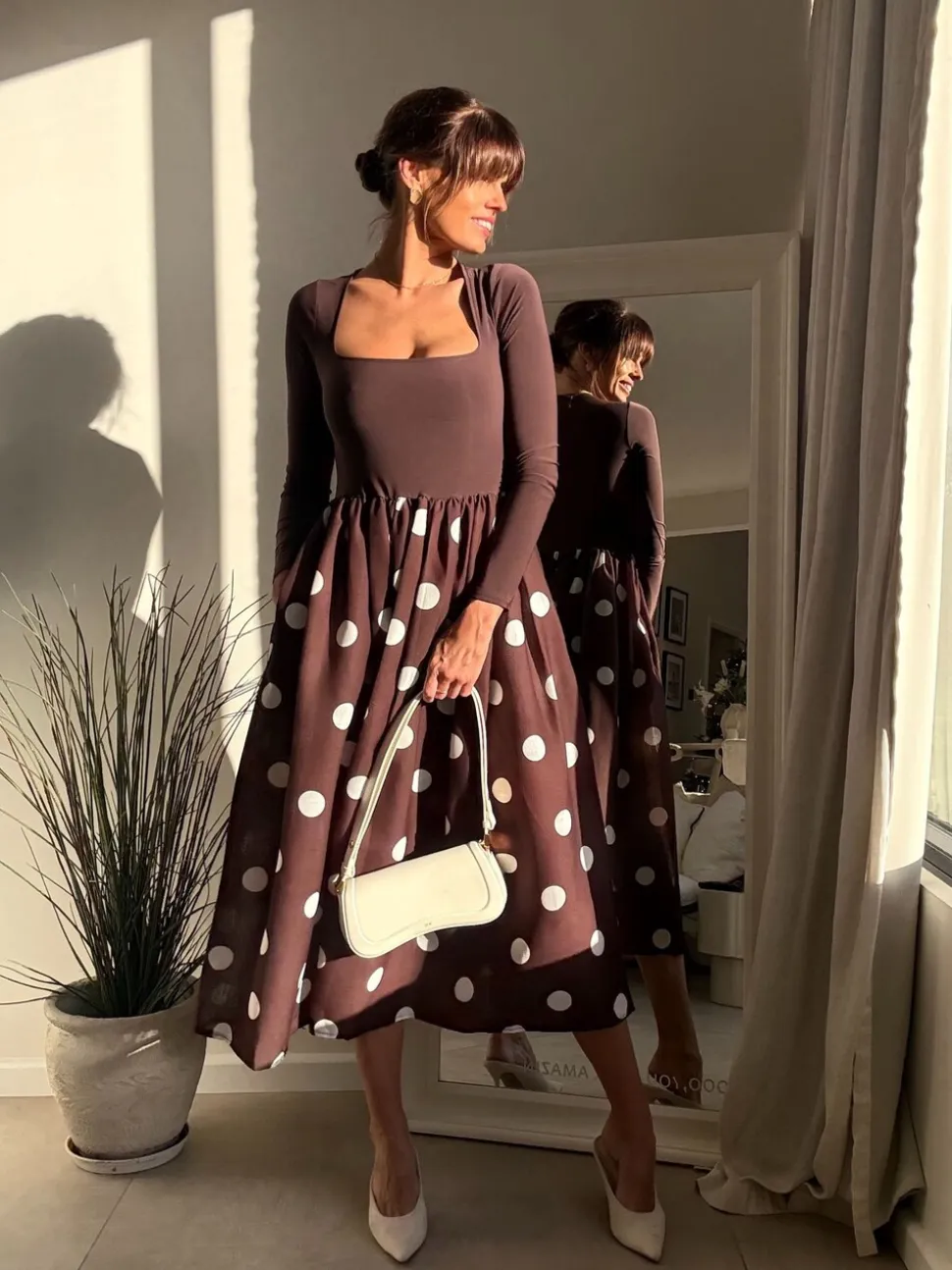 Style Cheat Brown 2In1 Polka Dot Dress