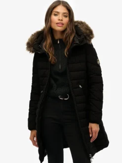 Superdry Black Fuji Faux Hood Mid Length Coat