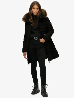 Superdry Black Fuji Faux Hood Mid Length Coat