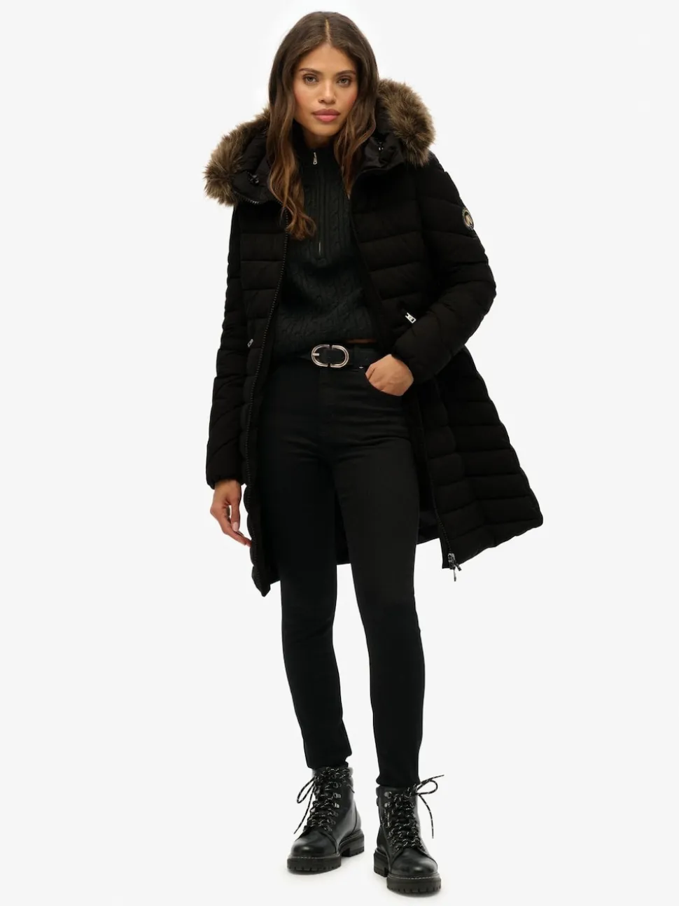 Superdry Black Fuji Faux Hood Mid Length Coat