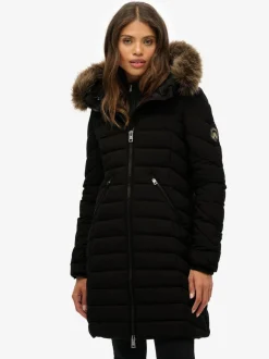 Superdry Black Fuji Faux Hood Mid Length Coat