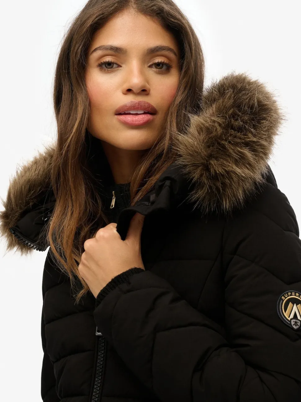 Superdry Black Fuji Faux Hood Mid Length Coat