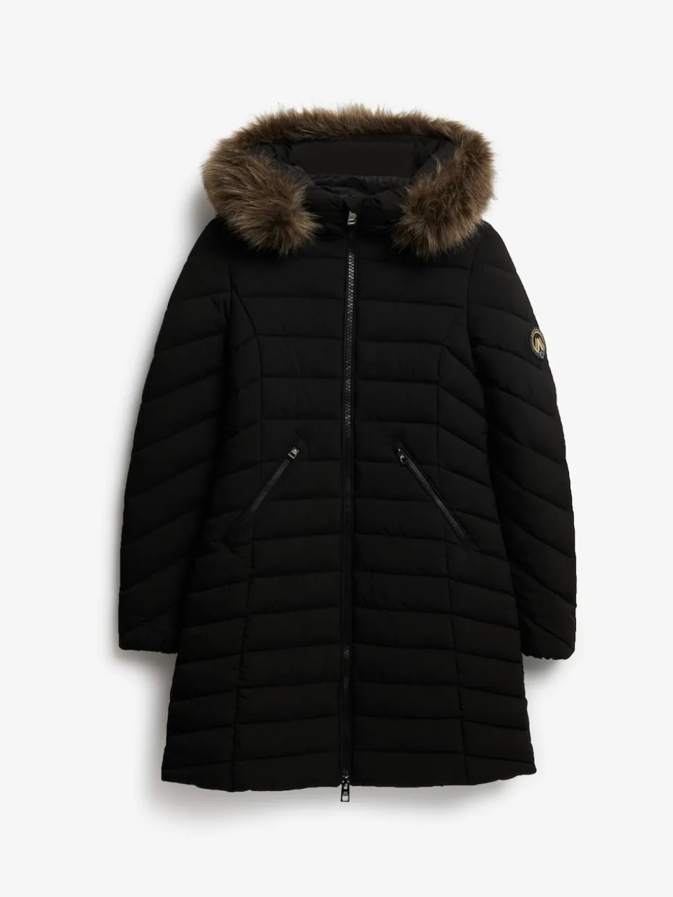 Superdry Black Fuji Faux Hood Mid Length Coat