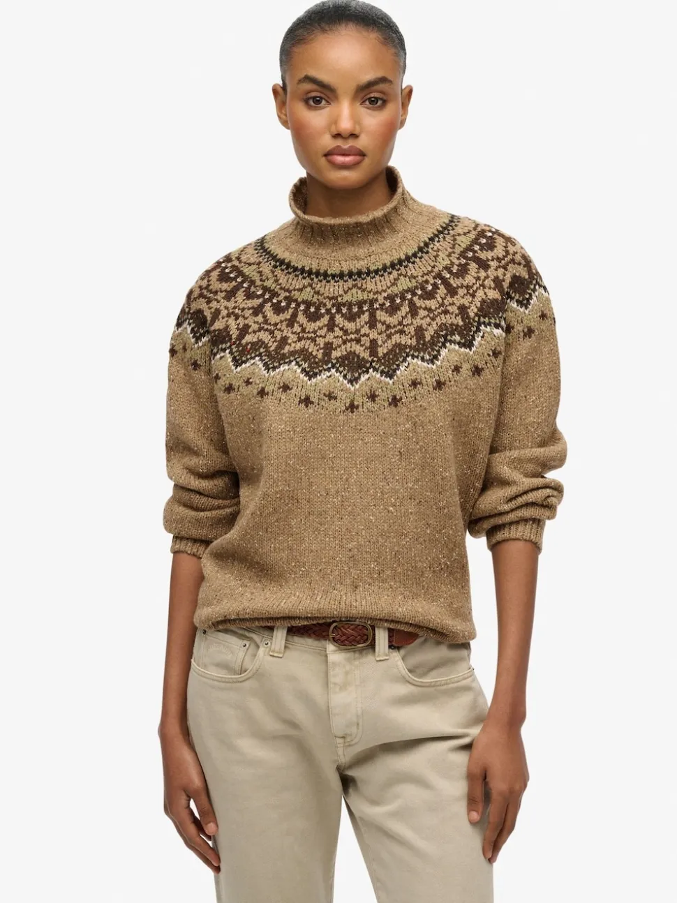 Superdry Brown Fairisle Pattern High Neck Jumper