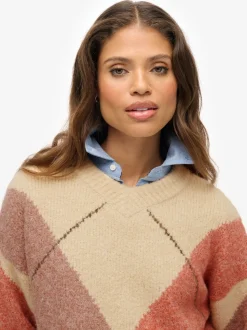 Superdry Cream Oversized Argyle V-Neck Jumper