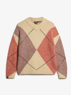 Superdry Cream Oversized Argyle V-Neck Jumper
