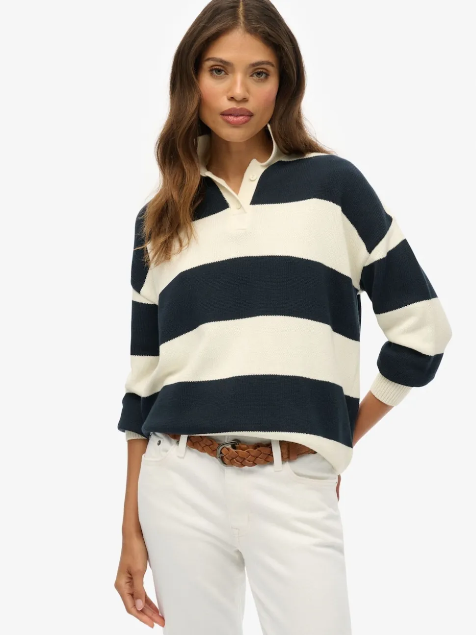 Superdry White/Blue Slouchy Striped Rugby Knitted Jumper