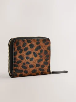 Tan Brown Animal Print Leather Hair On Zip Around Purse