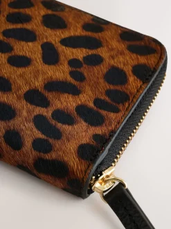 Tan Brown Animal Print Leather Hair On Zip Around Purse