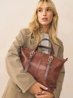 Tan Brown Buckle Hand Held Bag