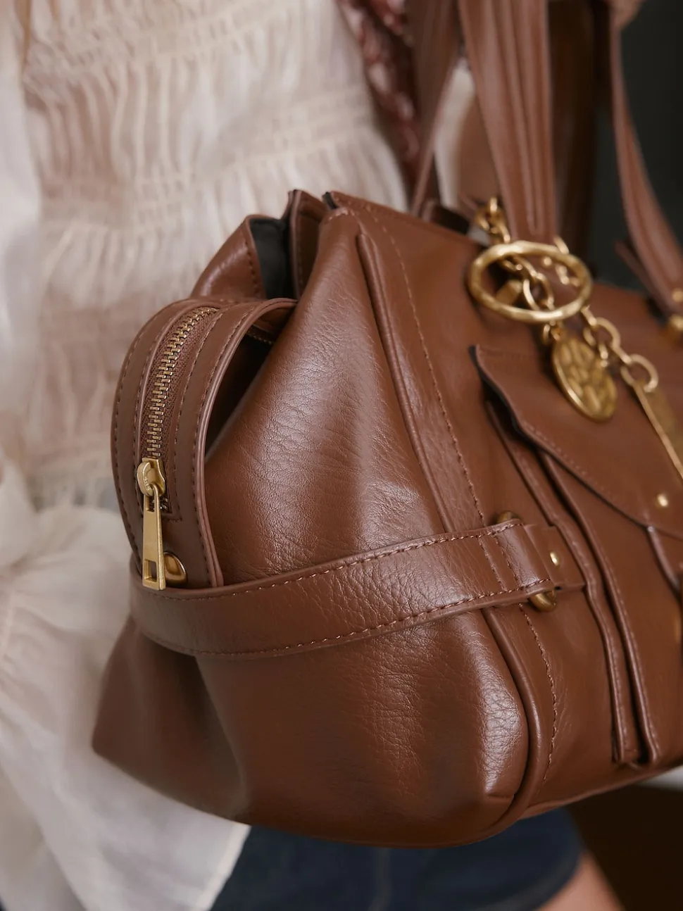 Tan Brown Charm Buckle Hand Held Bag