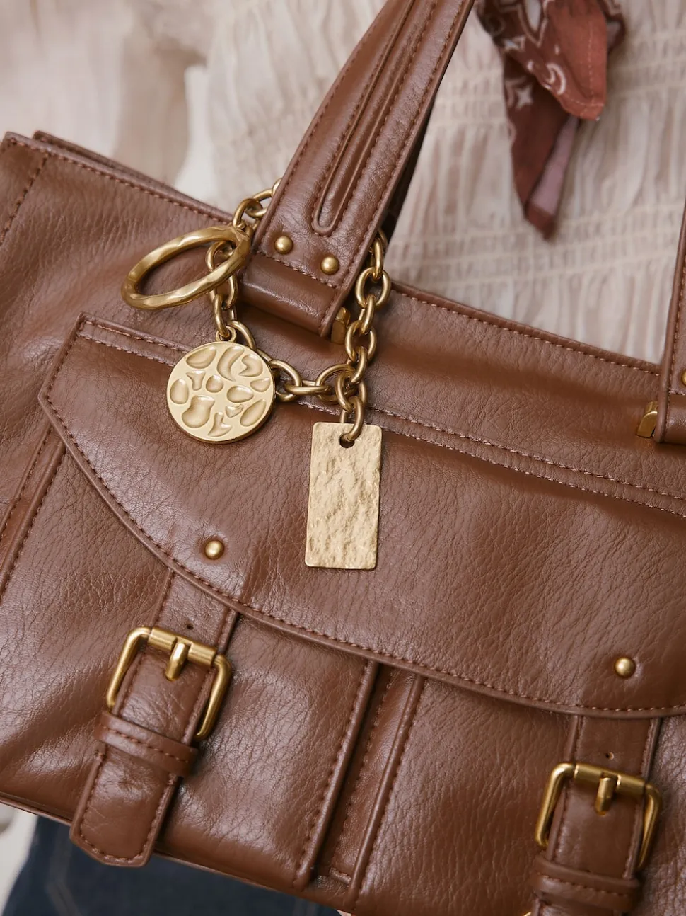 Tan Brown Charm Buckle Hand Held Bag