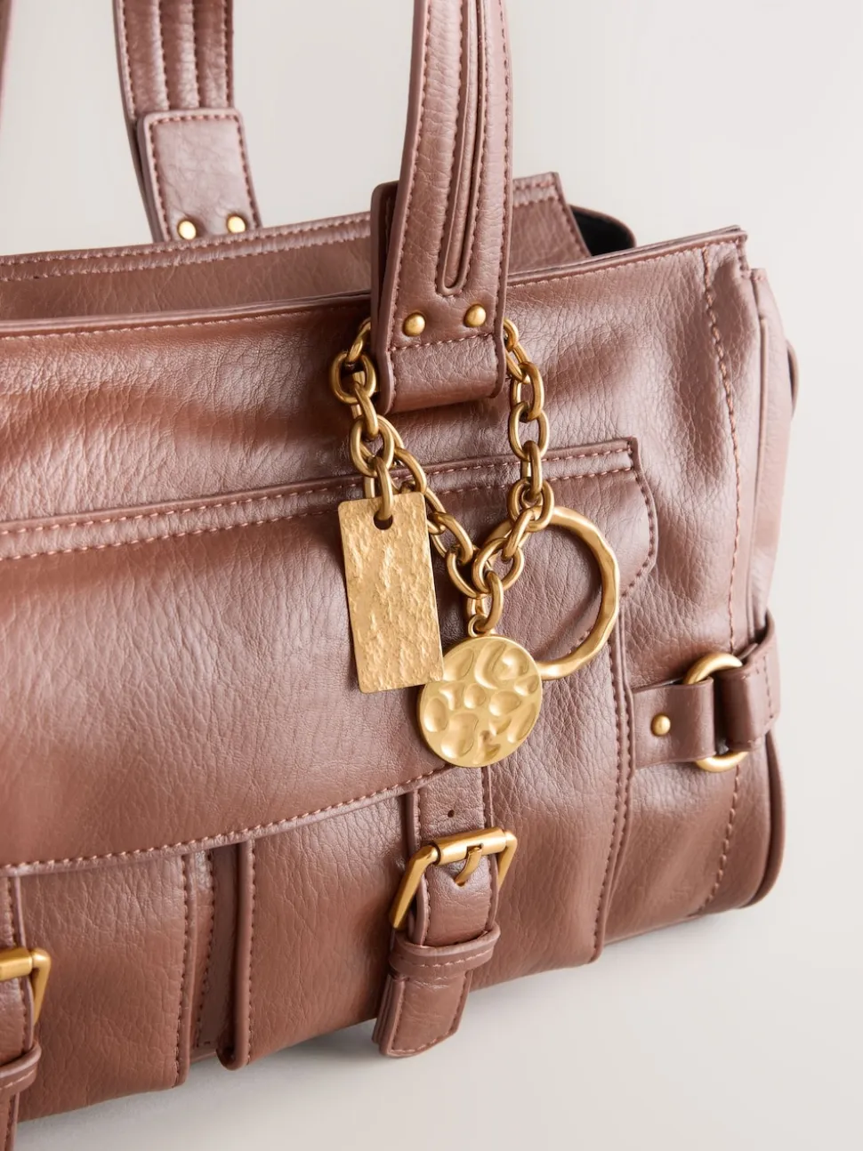 Tan Brown Charm Buckle Hand Held Bag