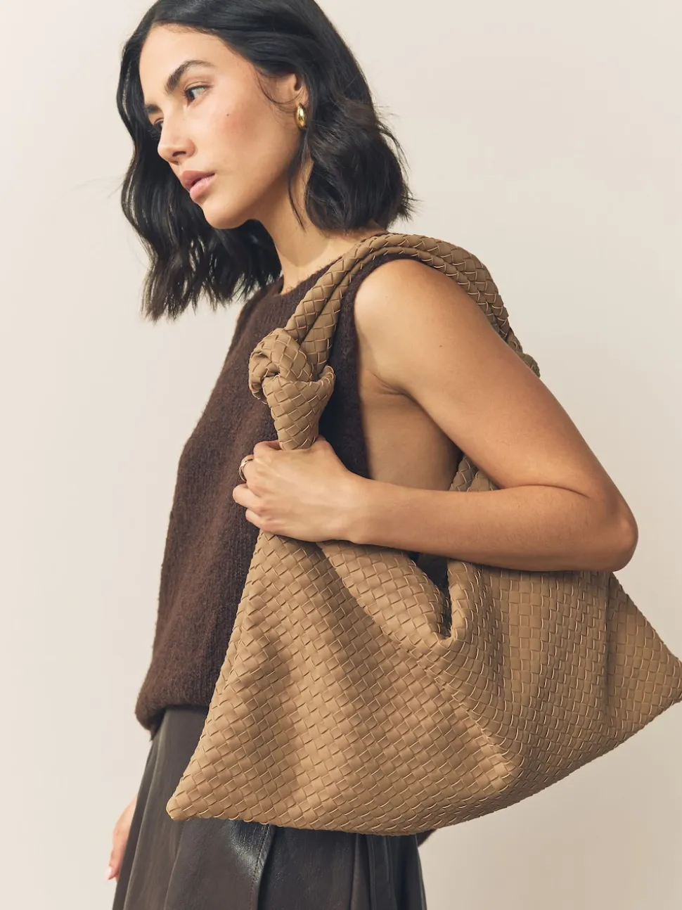Tan Brown Faux Suede Weave Shoulder Bag