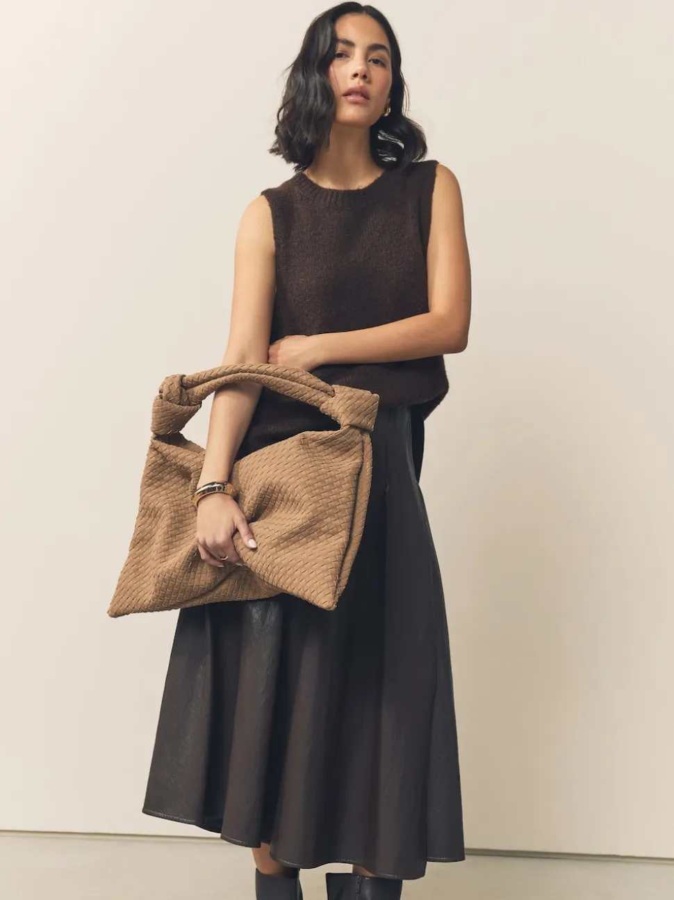Tan Brown Faux Suede Weave Shoulder Bag