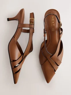 Tan Brown Forever Comfort® Leather Weave Point Toe Slingback Heels