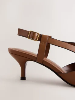 Tan Brown Forever Comfort® Leather Weave Point Toe Slingback Heels