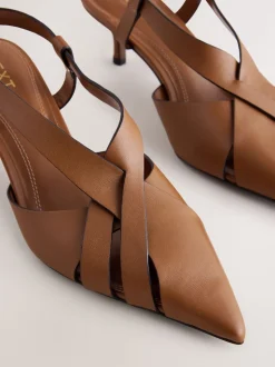 Tan Brown Forever Comfort® Leather Weave Point Toe Slingback Heels