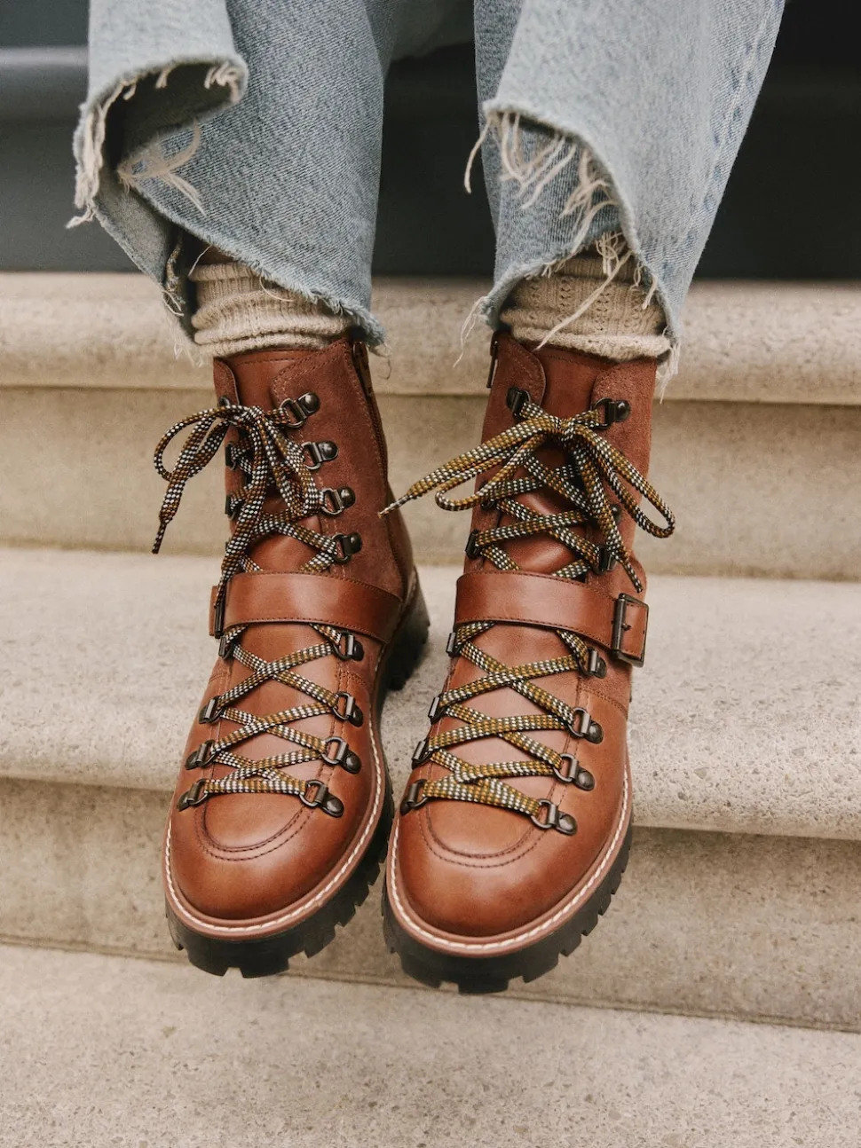 Tan Brown Leather Forever Comfort® Buckle Trim Lace Up Boots