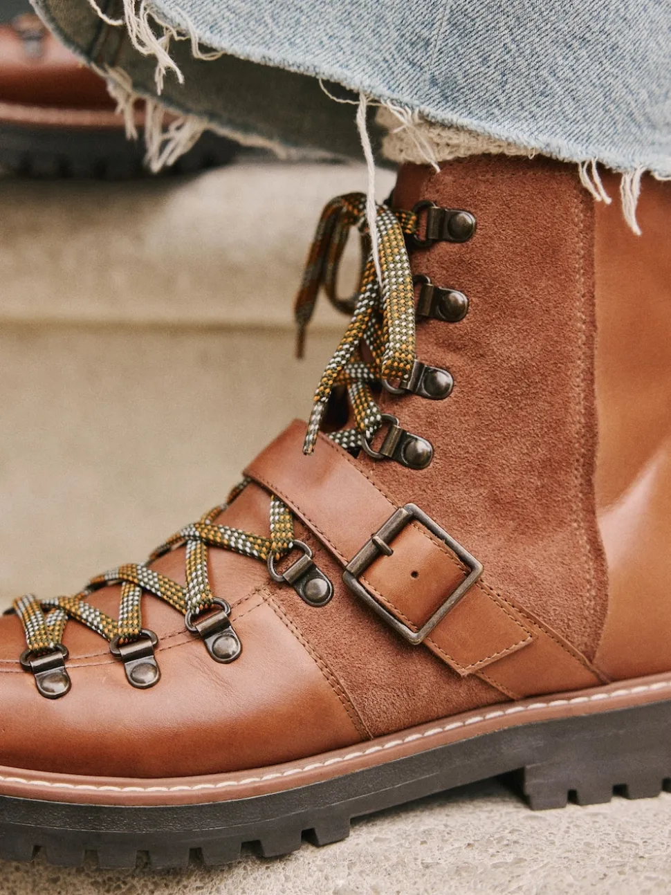 Tan Brown Leather Forever Comfort® Buckle Trim Lace Up Boots