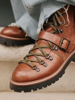 Tan Brown Leather Forever Comfort® Buckle Trim Lace Up Boots