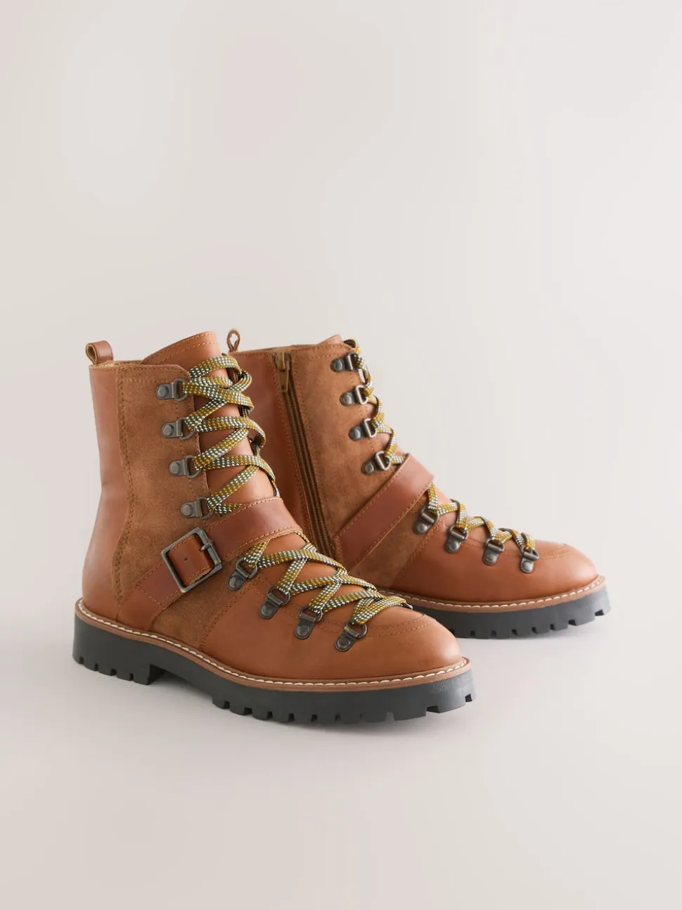 Tan Brown Leather Forever Comfort® Buckle Trim Lace Up Boots
