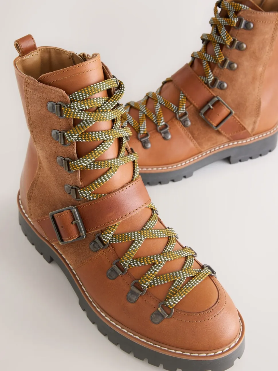 Tan Brown Leather Forever Comfort® Buckle Trim Lace Up Boots