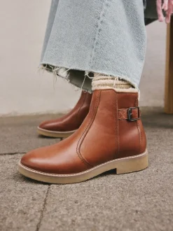 Tan Brown Leather Forever Comfort® Faux Fur Lined Buckle Trim Ankle Boots