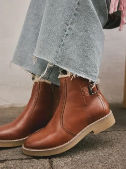 Tan Brown Leather Forever Comfort® Faux Fur Lined Buckle Trim Ankle Boots