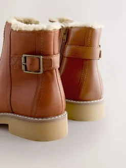 Tan Brown Leather Forever Comfort® Faux Fur Lined Buckle Trim Ankle Boots