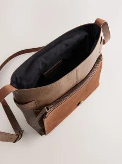 Tan Brown Leather Pocket Messenger Bag