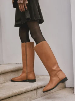 Tan Brown Leather Standard/Wide Fit Forever Comfort® Flat Riding Boots