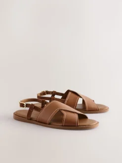 Tan Brown Leather Standard/Wide Fit Stitched Slingback Sandals