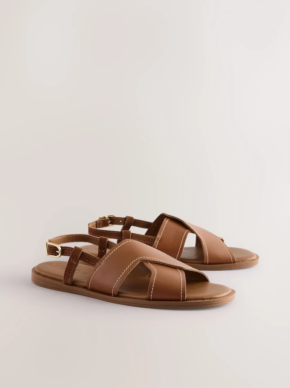 Tan Brown Leather Standard/Wide Fit Stitched Slingback Sandals