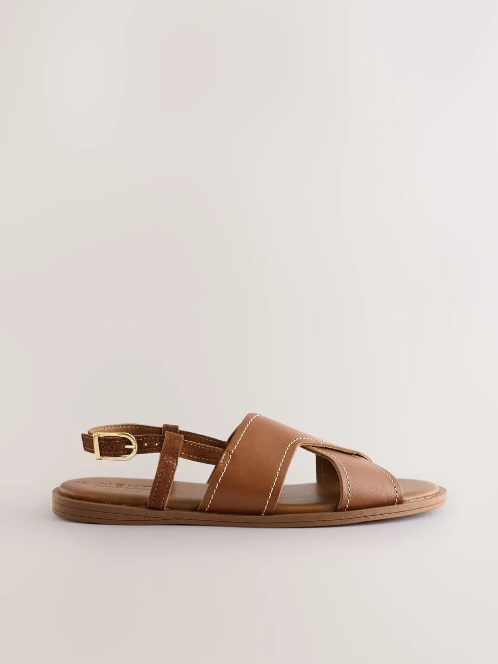 Tan Brown Leather Standard/Wide Fit Stitched Slingback Sandals