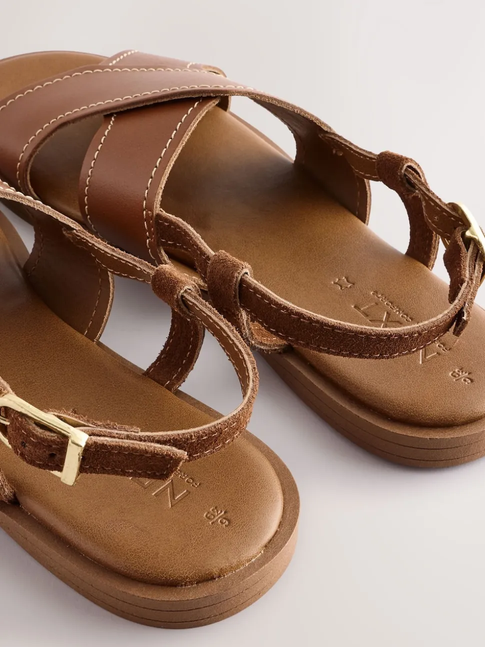 Tan Brown Leather Standard/Wide Fit Stitched Slingback Sandals