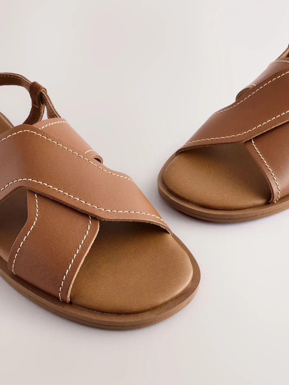 Tan Brown Leather Standard/Wide Fit Stitched Slingback Sandals