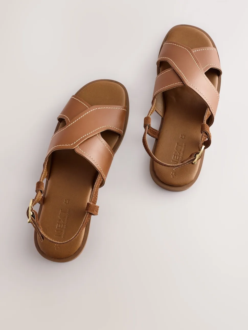 Tan Brown Leather Standard/Wide Fit Stitched Slingback Sandals