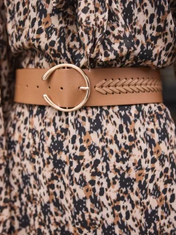 Tan Brown Plait Detail Wide Belt