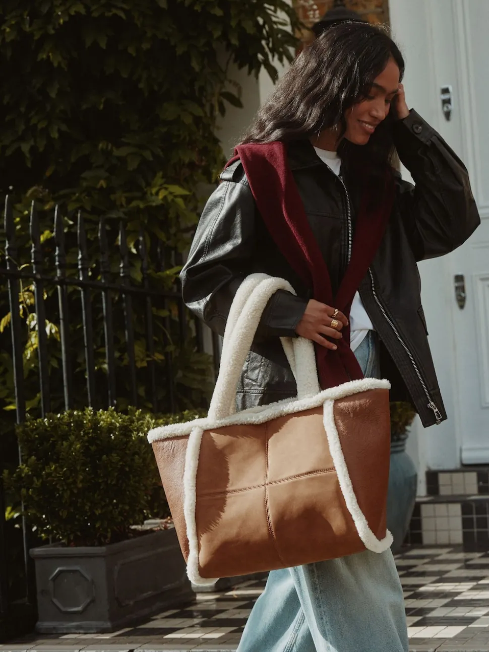 Tan Brown PU Borg Tote Bag