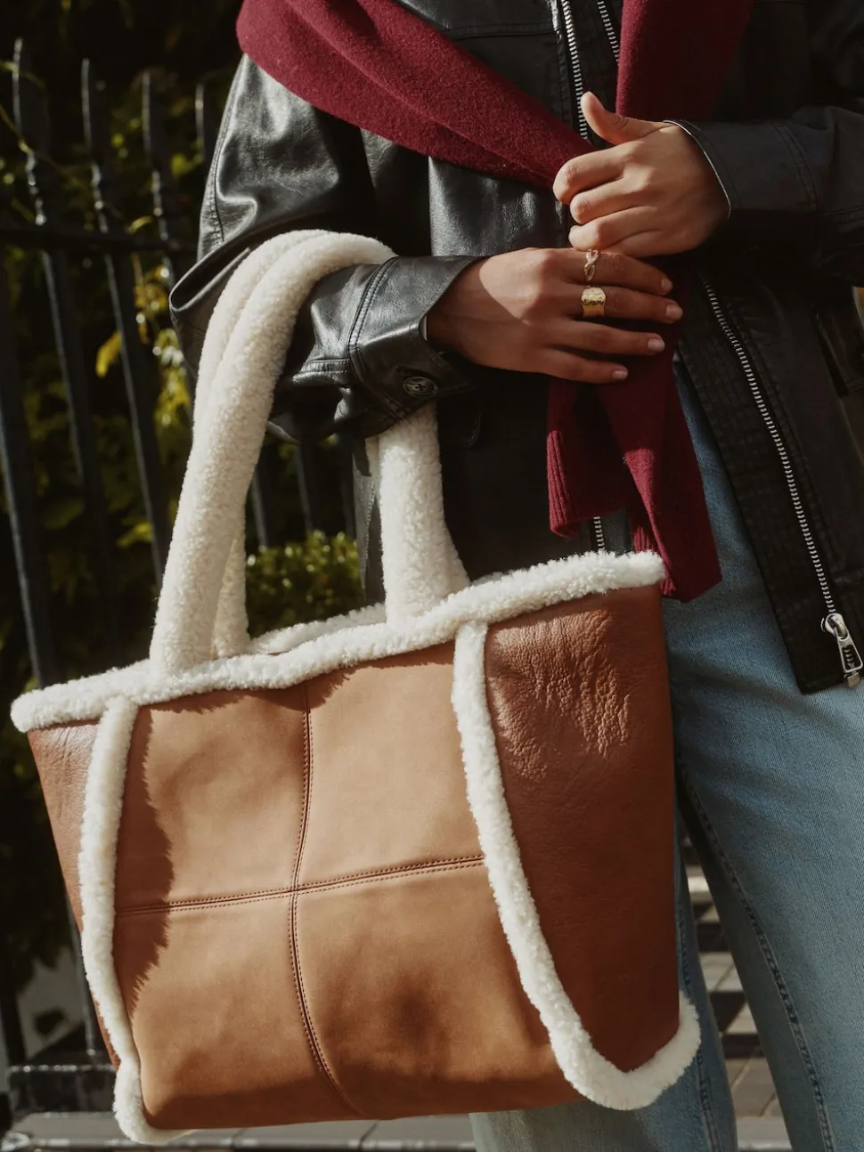 Tan Brown PU Borg Tote Bag