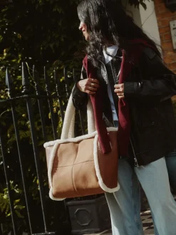 Tan Brown PU Borg Tote Bag