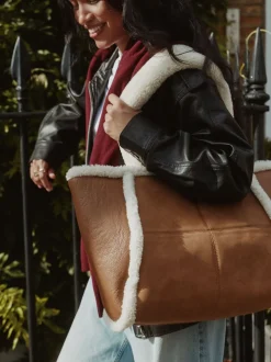Tan Brown PU Borg Tote Bag