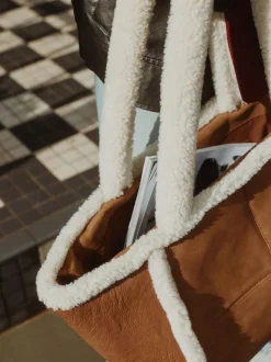 Tan Brown PU Borg Tote Bag