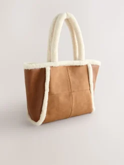 Tan Brown PU Borg Tote Bag